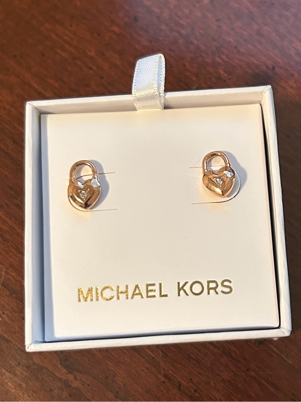 Michael Kors Rose Gold Heart Padlock Stud Earrings with Crystal Accent